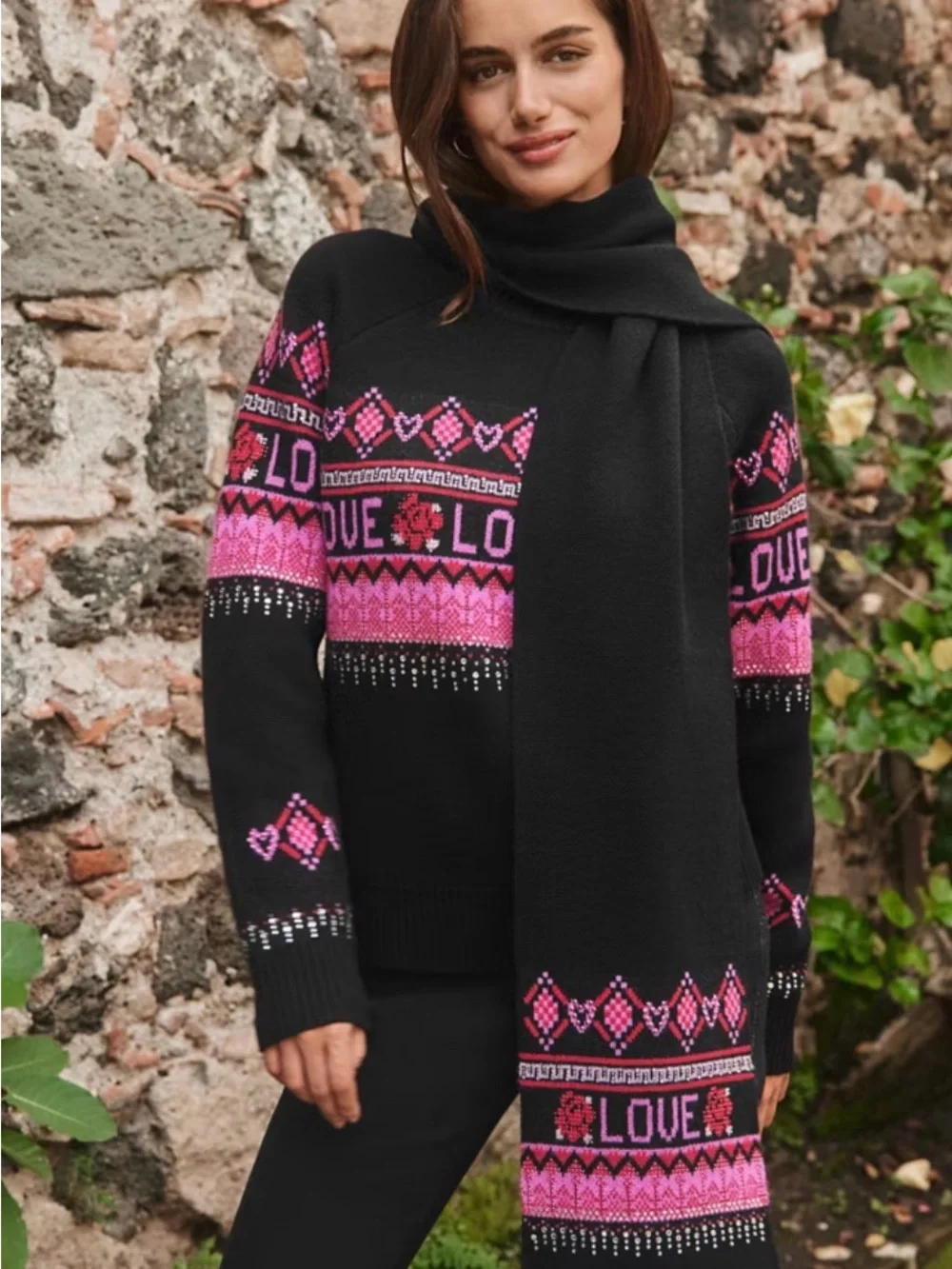 Johnny Was Black & Pink 'LOVE' Fairisle Pullover Wool and Cashmere Sweater